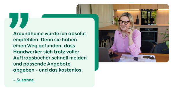 Bild mit Zitat von Susanne in ihrer Küche.