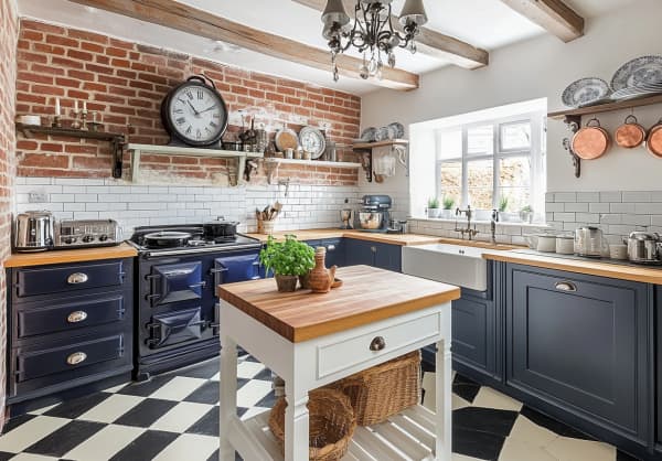 Amerikanische Landhausküche mit Backsteinwand und blauer Küchenzeile
