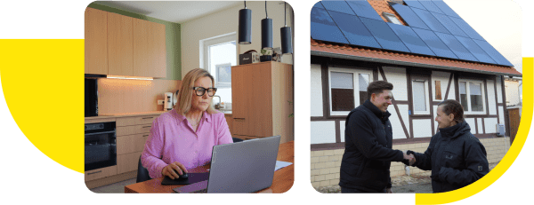 Collage mit zwei Bildern, die verschiedene Erfahrungen mit Aroundhome zeigen: Eine Frau arbeitet am Laptop in einer modernen Küche, zwei Personen geben sich die Hand vor einem Haus mit Solaranlage auf dem Dach.