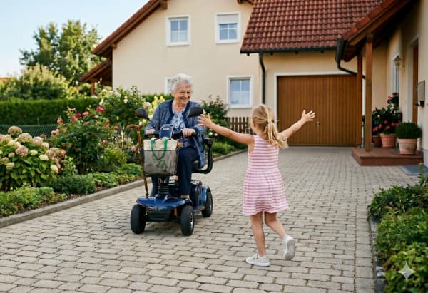 Seniorin auf einem Elektromobil trifft auf ihre Enkelin.