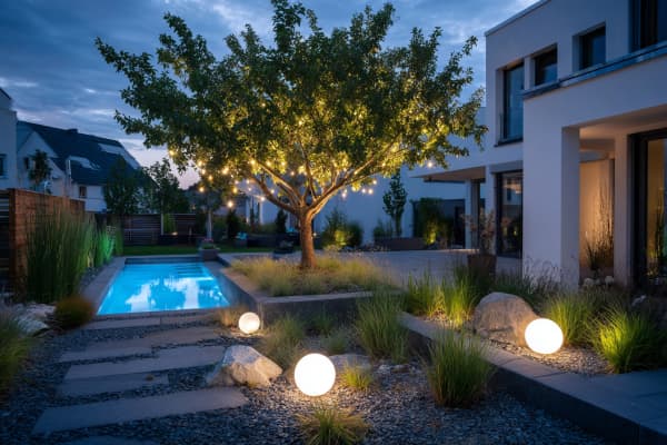 Moderner Garten mit stimmungsvoller Beleuchtung.