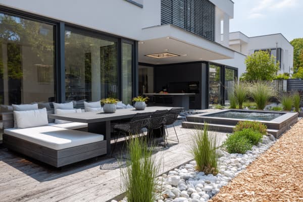 Garten mit Terrasse, Whirlpool und Steinbeet.