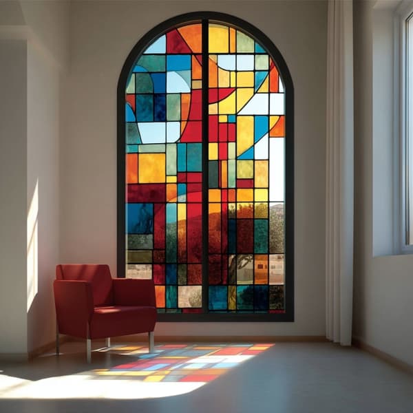 Modernes Buntglasfenster mit farbigem Lichtspiel und rotem Sessel