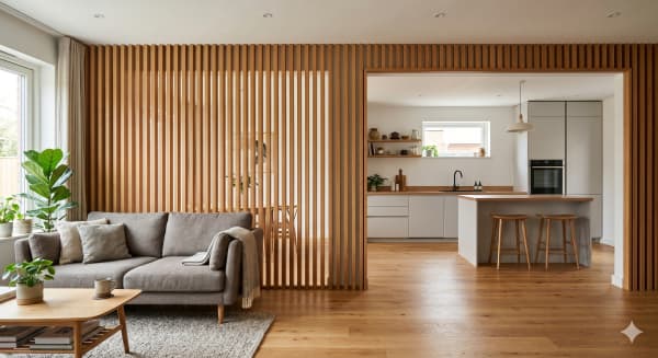 Offene Küche mit deckenhoher Holzlamellenwand als Raumtrenner zum Wohnbereich