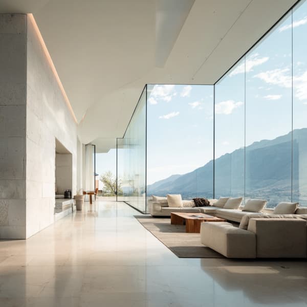 Modernes Wohnzimmer mit Skyframe Panoramafenstern und Bergblick