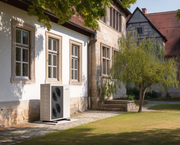 Außeneinheit einer Luftwärmepumpe vor einem Altbau.