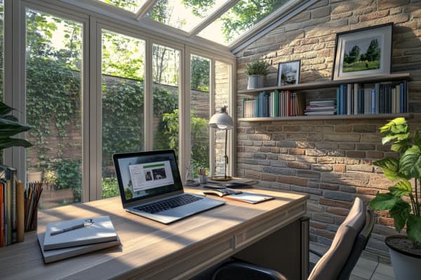 Wintergarten als Arbeitszimmer mit einem Schreibtisch.