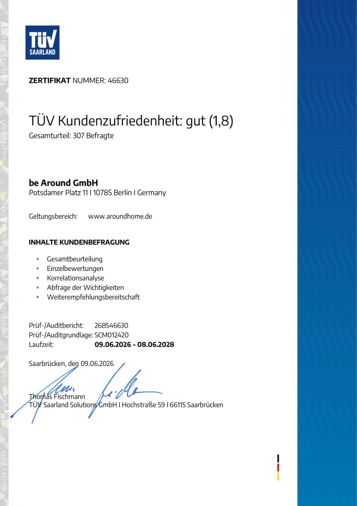TÜV-Zertifikat zur Kundenzufriedenheit mit Note 1,8 TÜV-Zertifikat zur Kundenzufriedenheit mit Note 1,8