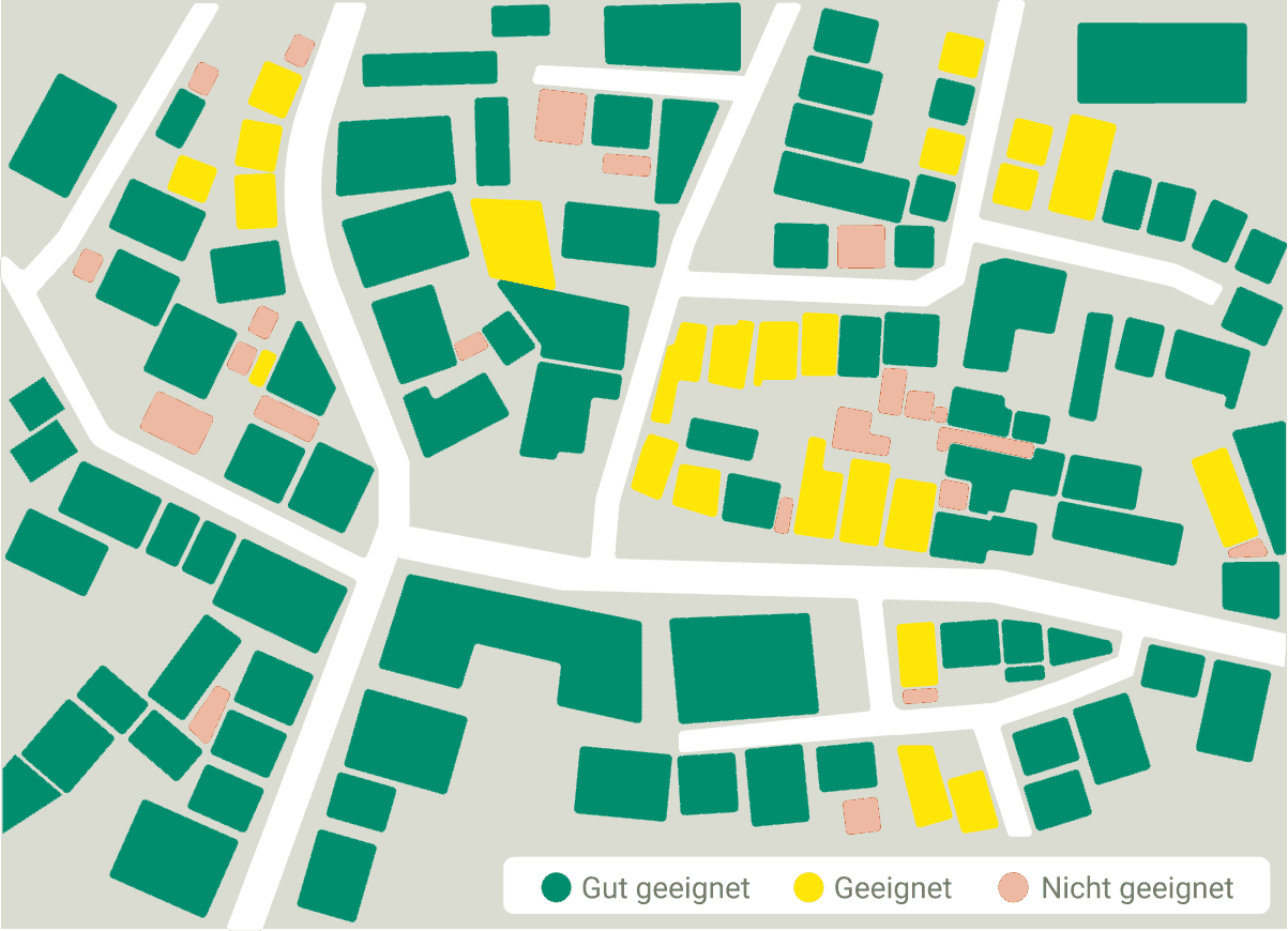 Das Bild zeigt einen Solarkataster-Eintrag in dem das Potenzial von Gebäudedächern für Solar in den Farben grün, gelb und rot von gut geeignet bis zu nicht geeignet abgebildet ist.