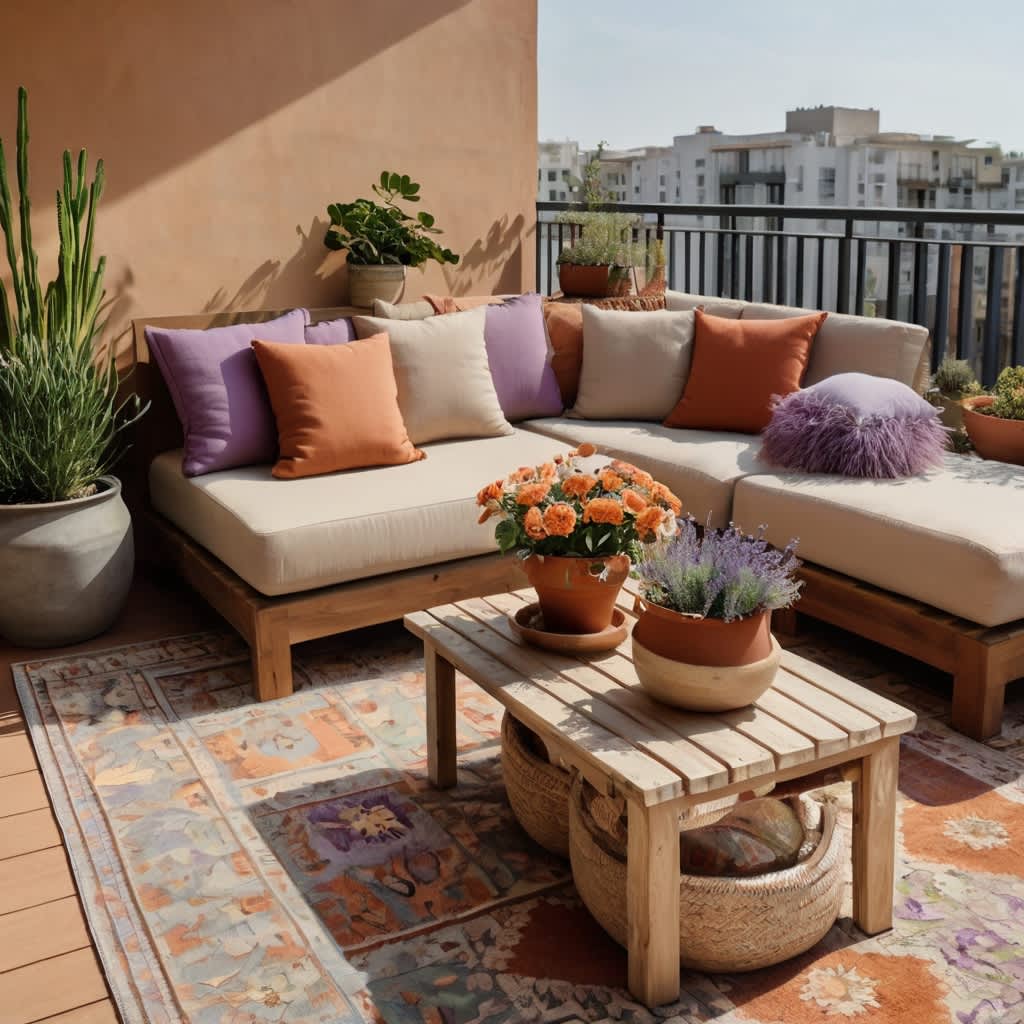 Stilvoller Balkon mit bunter Dekoration und Pflanzen