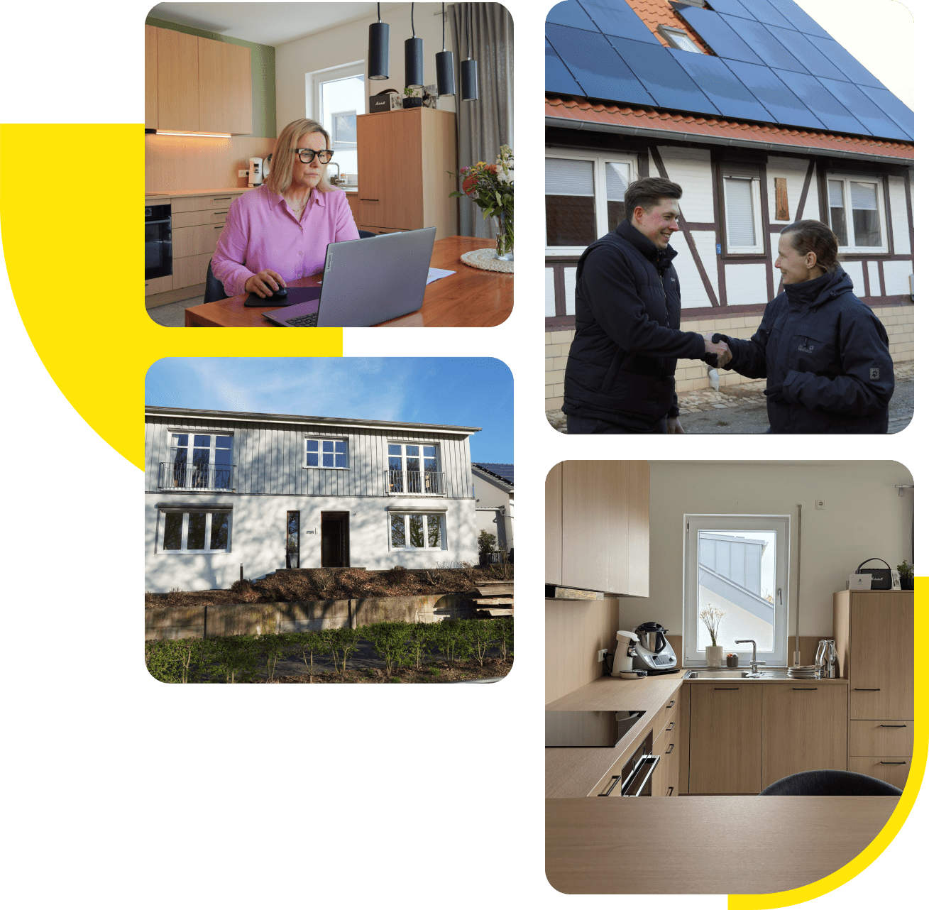 Collage mit vier Bildern, die verschiedene Erfahrungen mit Aroundhome zeigen: Eine Frau arbeitet am Laptop in einer modernen Küche, zwei Personen geben sich die Hand vor einem Haus mit Solaranlage auf dem Dach, ein renoviertes Einfamilienhaus bei Sonnenschein und eine helle, moderne Einbauküche. Gelbe Designelemente ergänzen das Layout.