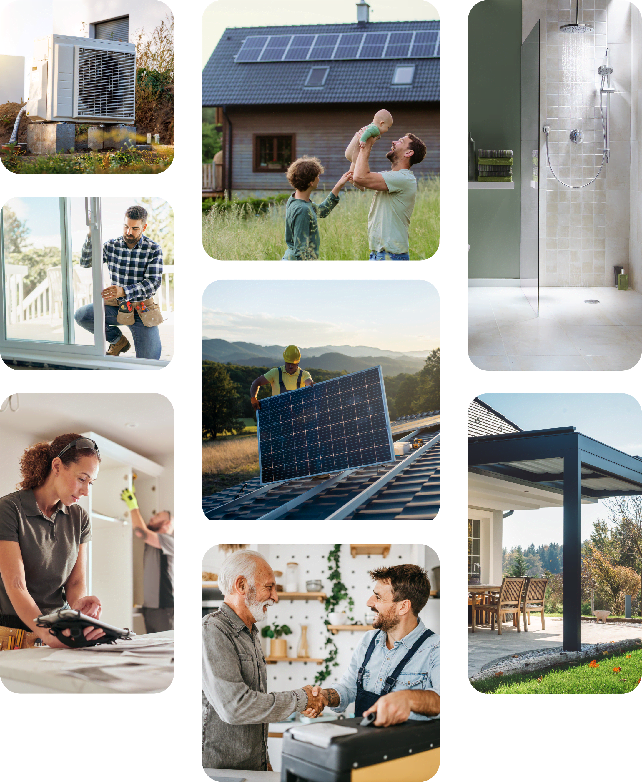 Bildcollage mit neun verschiedenen Bildern: ein Handwerker beim justieren eines Fensterrahmens, eine Wärmepumpe vor einem Haus, zwei Küchenmonteur:innen beim Aufbau einer Küche, vor einem mit Holz verkleidetem Haus mit einer Solaranlage auf dem Dach hält ein Vater lachend ein Baby hoch, ein weiteres Kind steht daneben, ein Solarmonteur auf dem Dach ein Solarpanel tragend, ein Handwerker mit Werkzeugkasten schüttelt einem Mann freundlich die Hand, eine Walk-in-Dusche, eine Terrassenüberdachung mit Gartenmöbeln