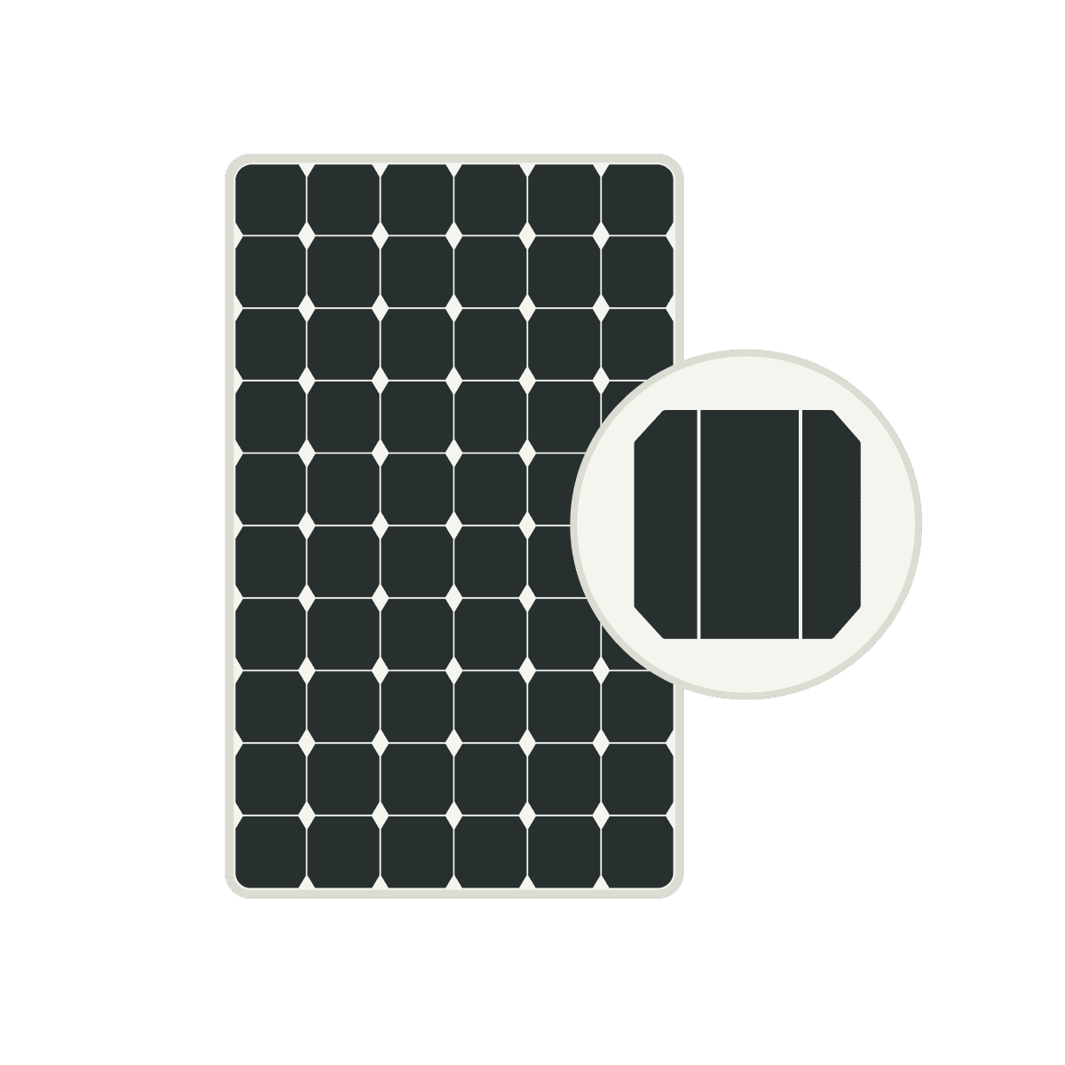 Ein schwarzes Solarmodul mit einer herausgestellten Solarzelle zur Darstellung eines monokristallinen Solarmoduls.