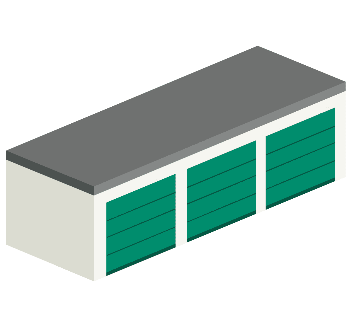 Stilisierte Reihengarage mit drei separaten Garagentoren.