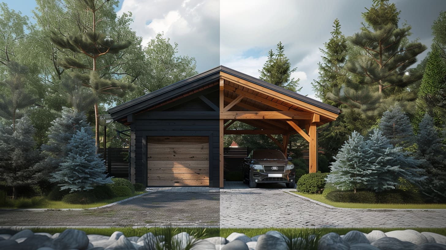 Gegenüberstellung von Garage und Carport in einem Bild. Dargestellt ist ein Gebäude, das auf der linken Seite eine Garage ist, rechts ein Carport mit untergestelltem Auto.