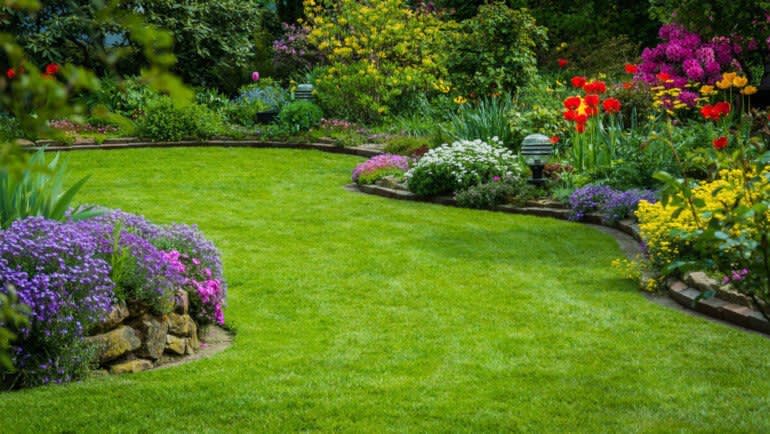 Garten mit Rasenfläche und Blumenbeet
