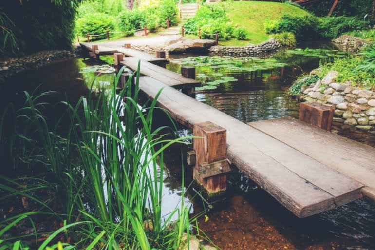Holzsteg führt über einen Teich