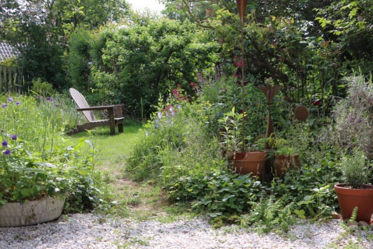 Wilder, bewachsener Garten mit verschiedenen Pflanzen, Pflanzkübeln und einem Gartenstuhl auf der Wiese