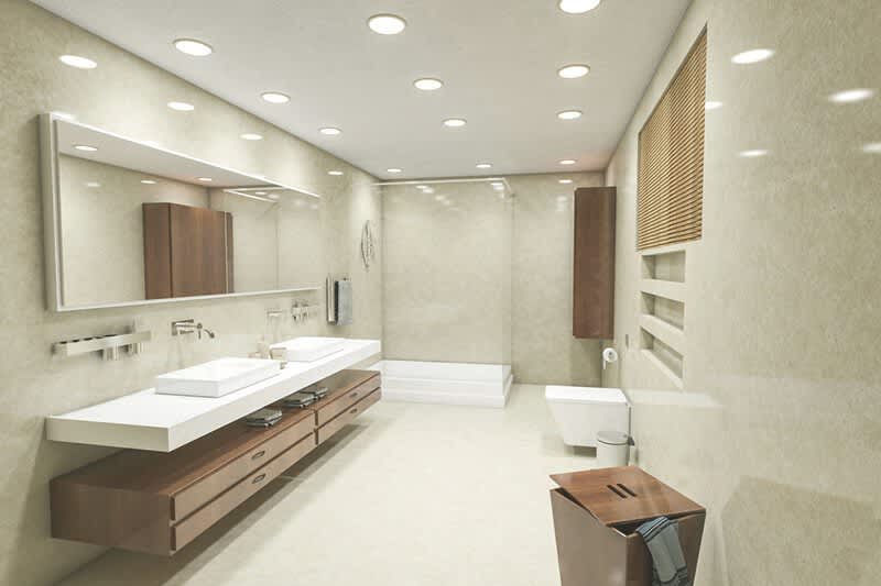 Ein modernes, helles Badezimmer mit dimmbaren Decken-Spots und minimalistischem Design und Holz-Details. Das Bad wurde mit Aroundhome geplant.