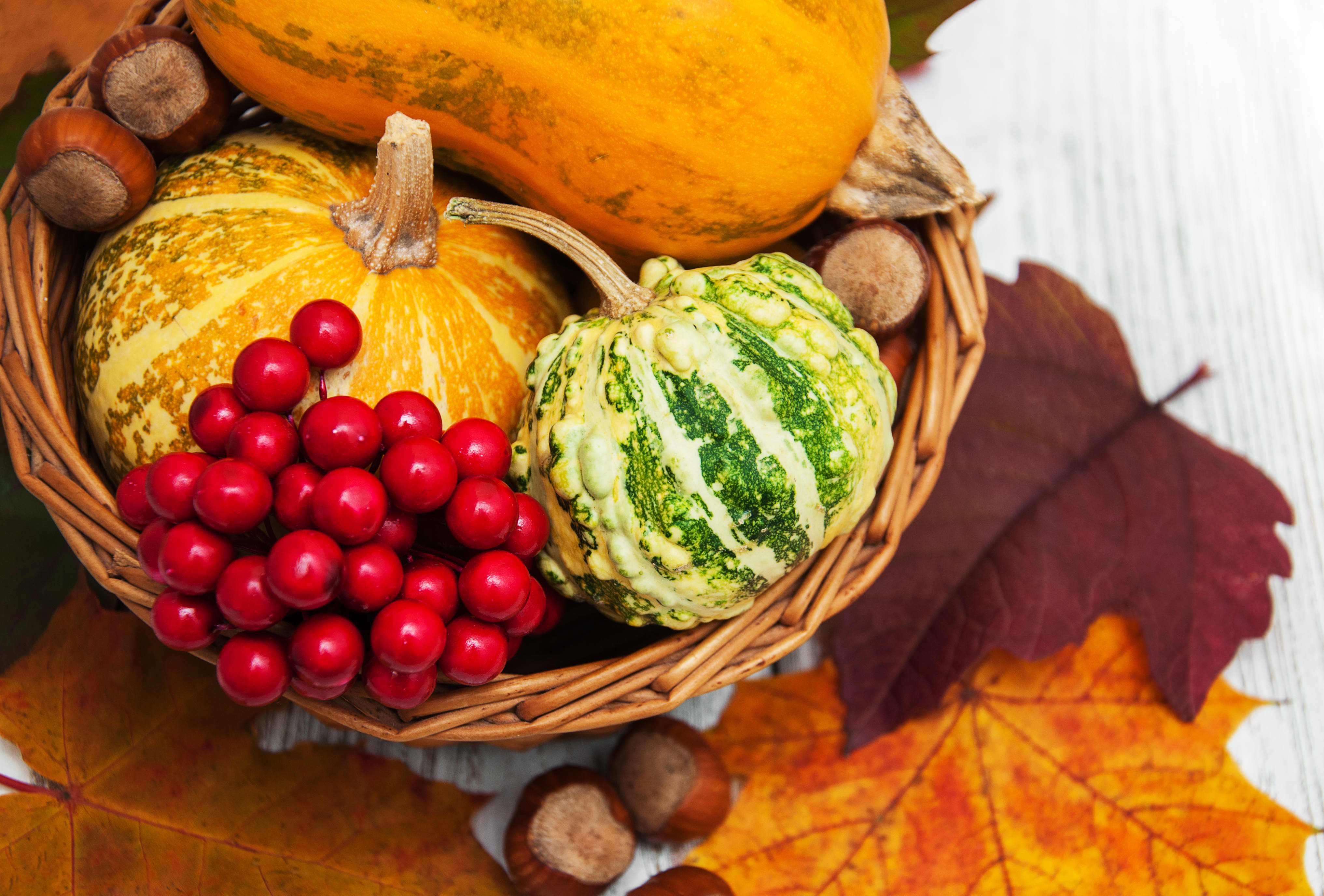 Korb mit Zierkürbissen, Beeren und Kastanien steht hölzerner Oberfläche mit bunten Herbstblättern