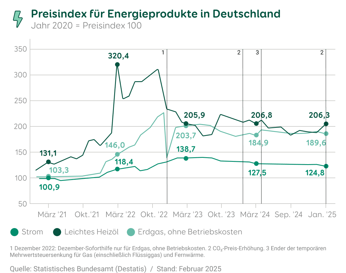 Grafische Darstellung zum Preisindex für Energieprodukte in Deutschland. Gezeigt wird die Entwicklung von Strom, leichtem Heizöl und Erdgas ohne Betriebskosten von Januar 2021 bis Januar 2025.