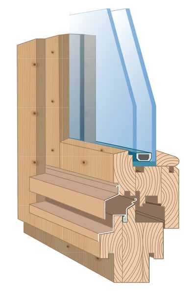 Holzfensterrahmen im Querschnitt