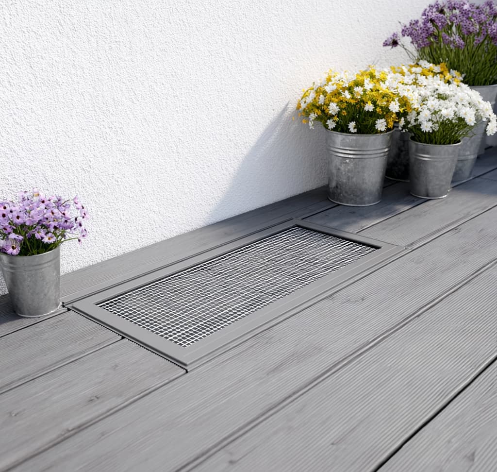 Lichtschacht mit Gitter auf Holzterrasse neben Blumentöpfen
