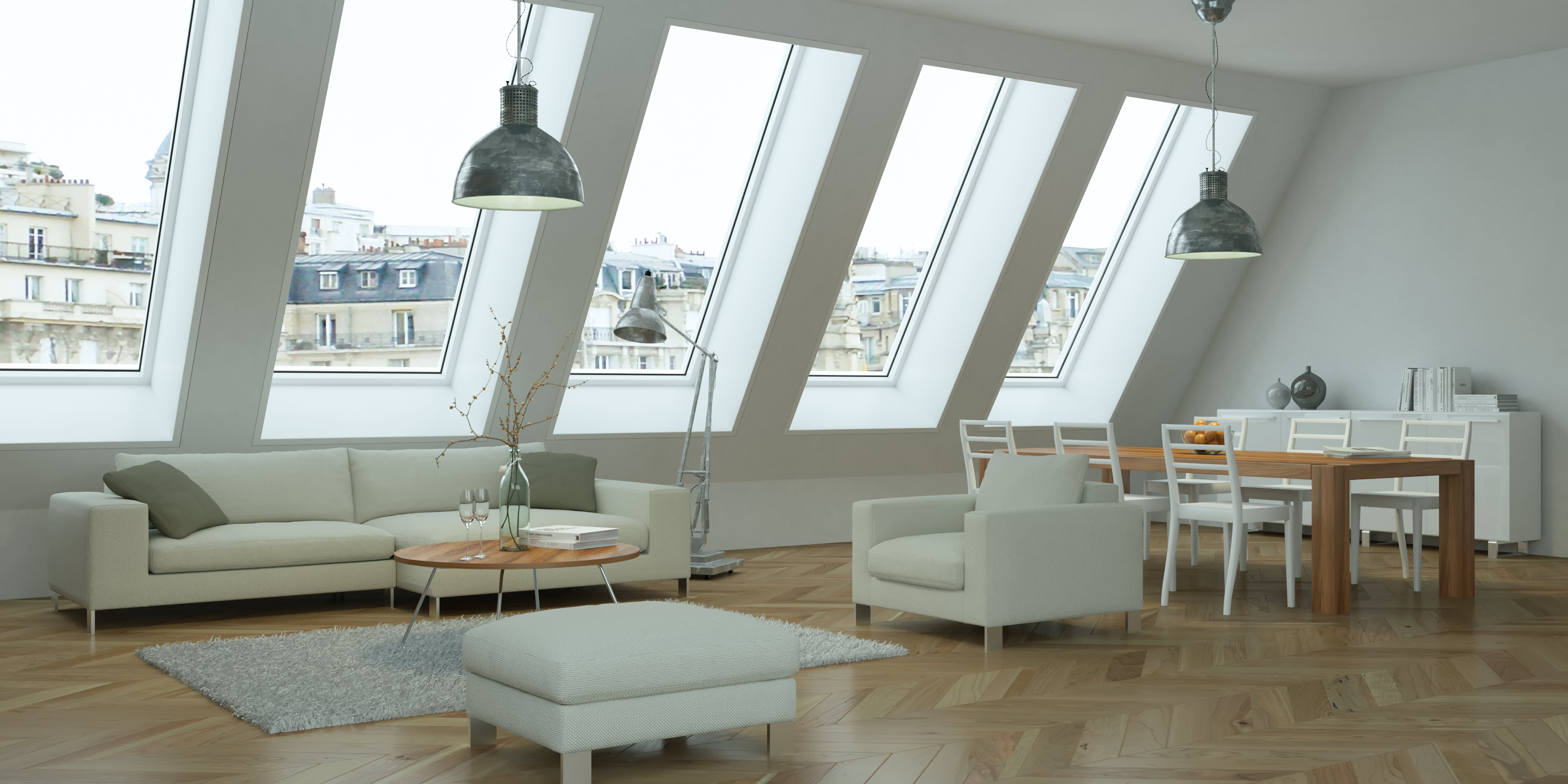 Das Bild zeigt ein modernes Wohnzimmer mit Panorama-Dachfenstern