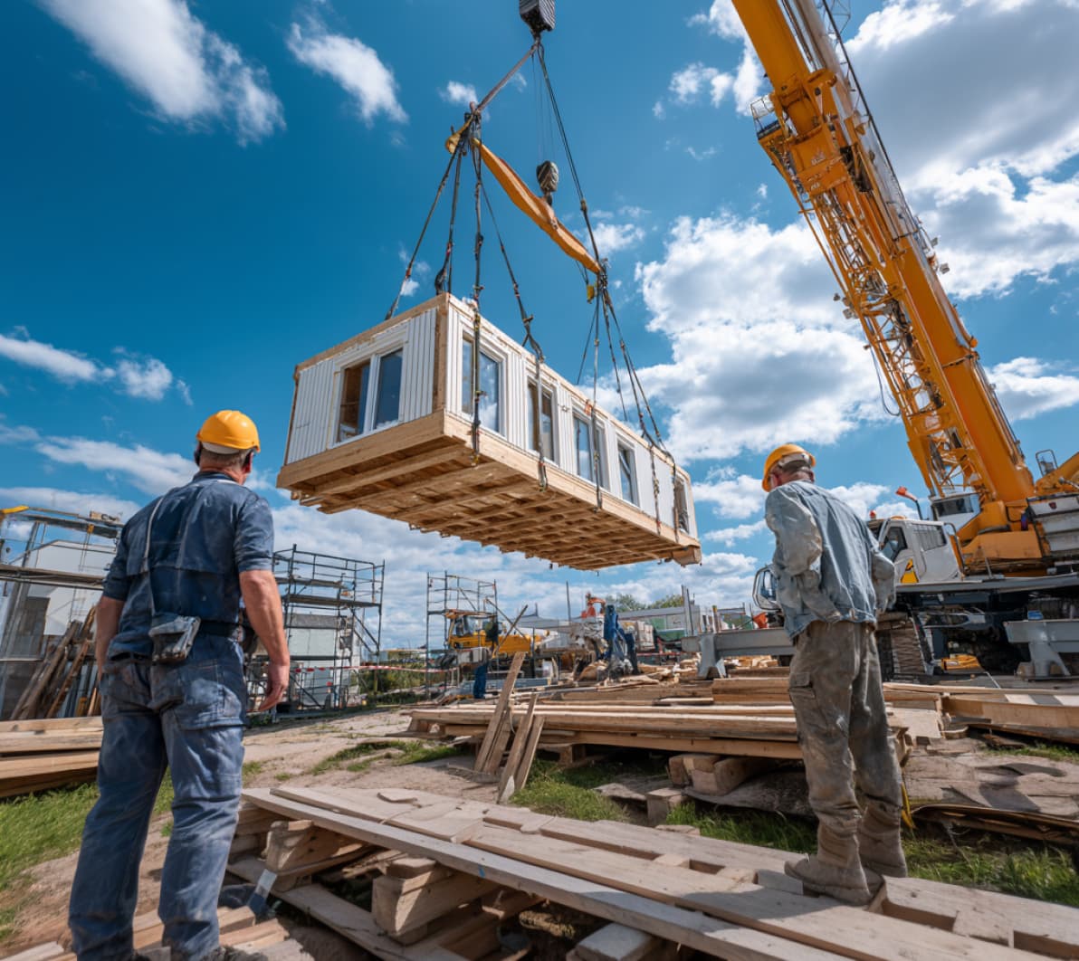 Aufnahme einer Baustelle bei blauem Himmel: Ein großer gelber Kran hebt einen rechteckigen, vorgefertigten Gebäudemodul mit Fenstern an Seilen. Zwei Bauarbeiter mit Schutzhelmen stehen auf Holzbohlen und schauen zu, im Hintergrund sind Gerüste, Maschinen und weitere Baumaterialien zu sehen.