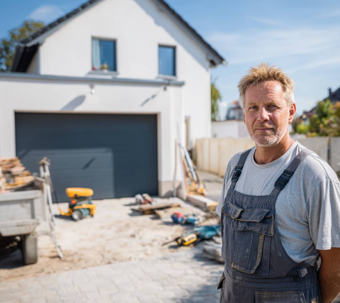 Tageslichtaufnahme eines modernen, hellen Einfamilienhauses mit dunklem Garagentor. Im Vordergrund steht ein Handwerker in grauer Arbeitskleidung; im Hof liegen Werkzeuge und Baumaterial, ein Anhänger und eine gelbe Baumaschine sind sichtbar. Der Bereich vor der Garage ist als Baustelle mit Schotter und Pflastersteinen erkennbar.
