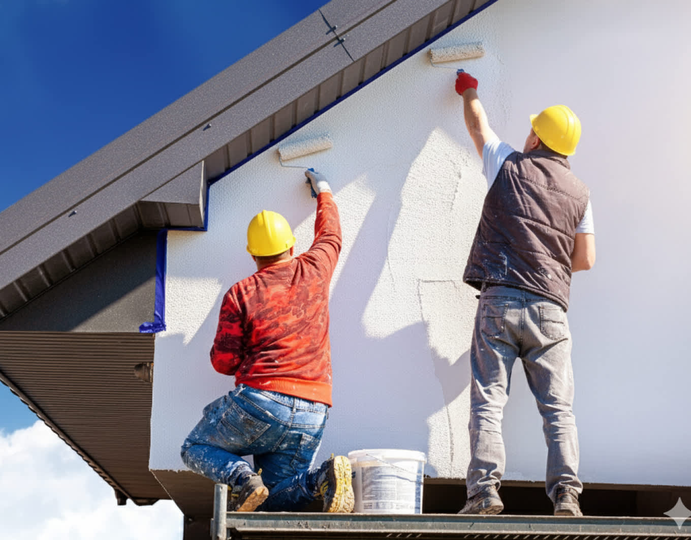 Bild von zufriedenen Hauseigentümern und Handwerkern, die sich die Hände schütteln.