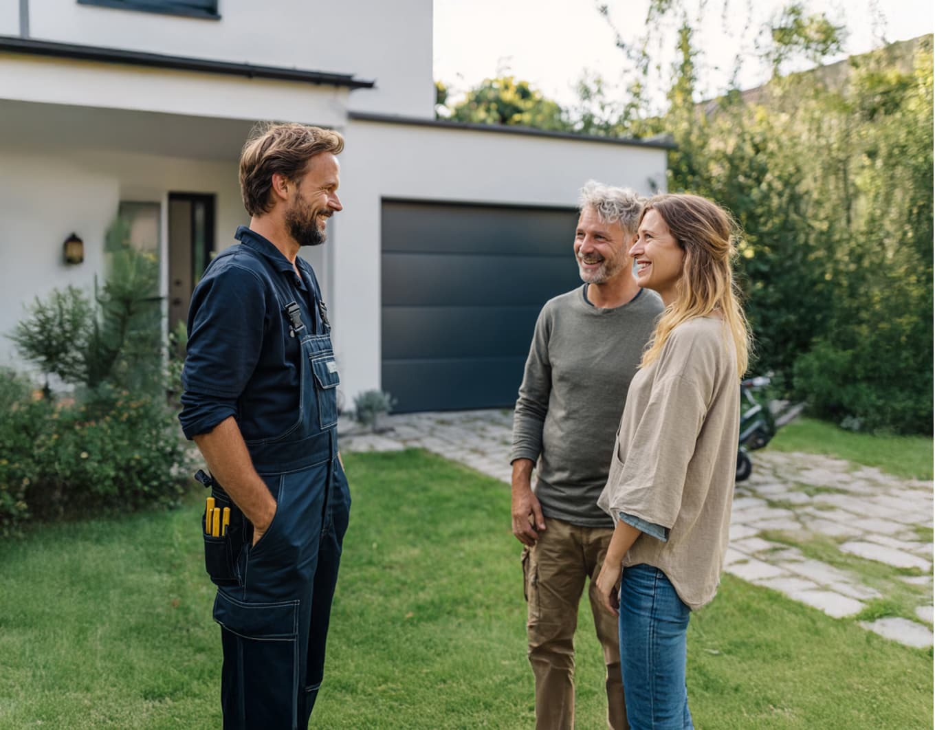 Tageslichtaufnahme vor einem modernen Einfamilienhaus mit dunklem Garagentor: Ein Handwerker in dunkler Arbeitskleidung steht links, rechts gegenüber zwei Personen in Freizeitkleidung. Im Vordergrund ist eine gepflegte Rasenfläche mit Steinweg, im Hintergrund Büsche und der Hauseingang sichtbar.