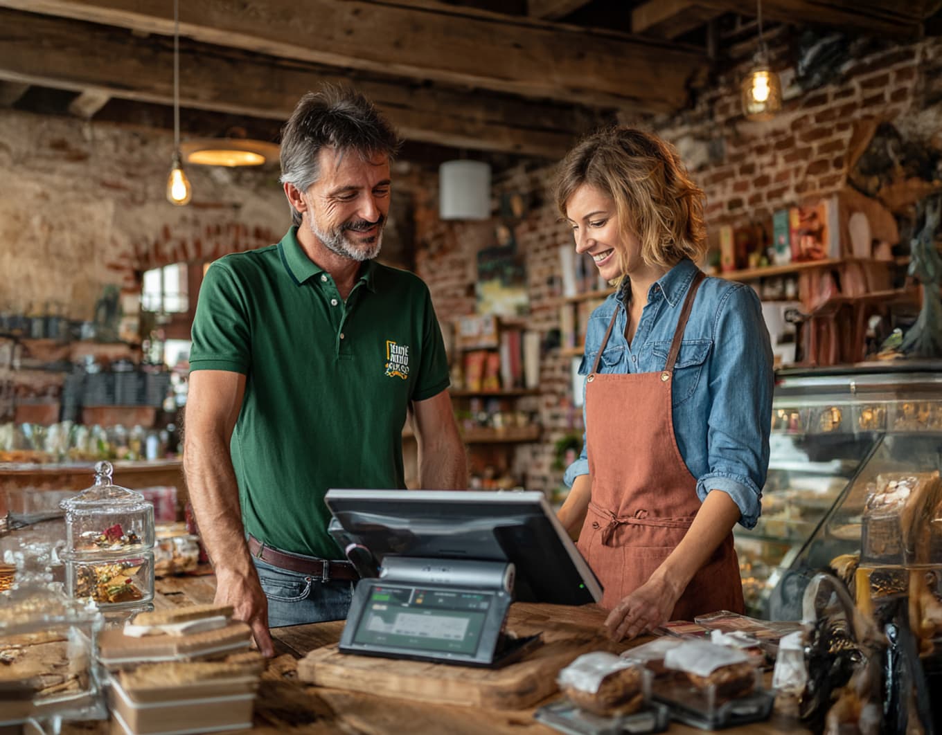 Innenaufnahme eines kleinen Geschäfts mit Backsteinwand und Holzdecke: Zwei Personen stehen an einem Holztresen neben einem modernen Kassenterminal. Auf dem Tresen liegen verpackte Waren und Glasbehälter mit Snacks, im Hintergrund Regale, Dekoration und eine beleuchtete Vitrine.