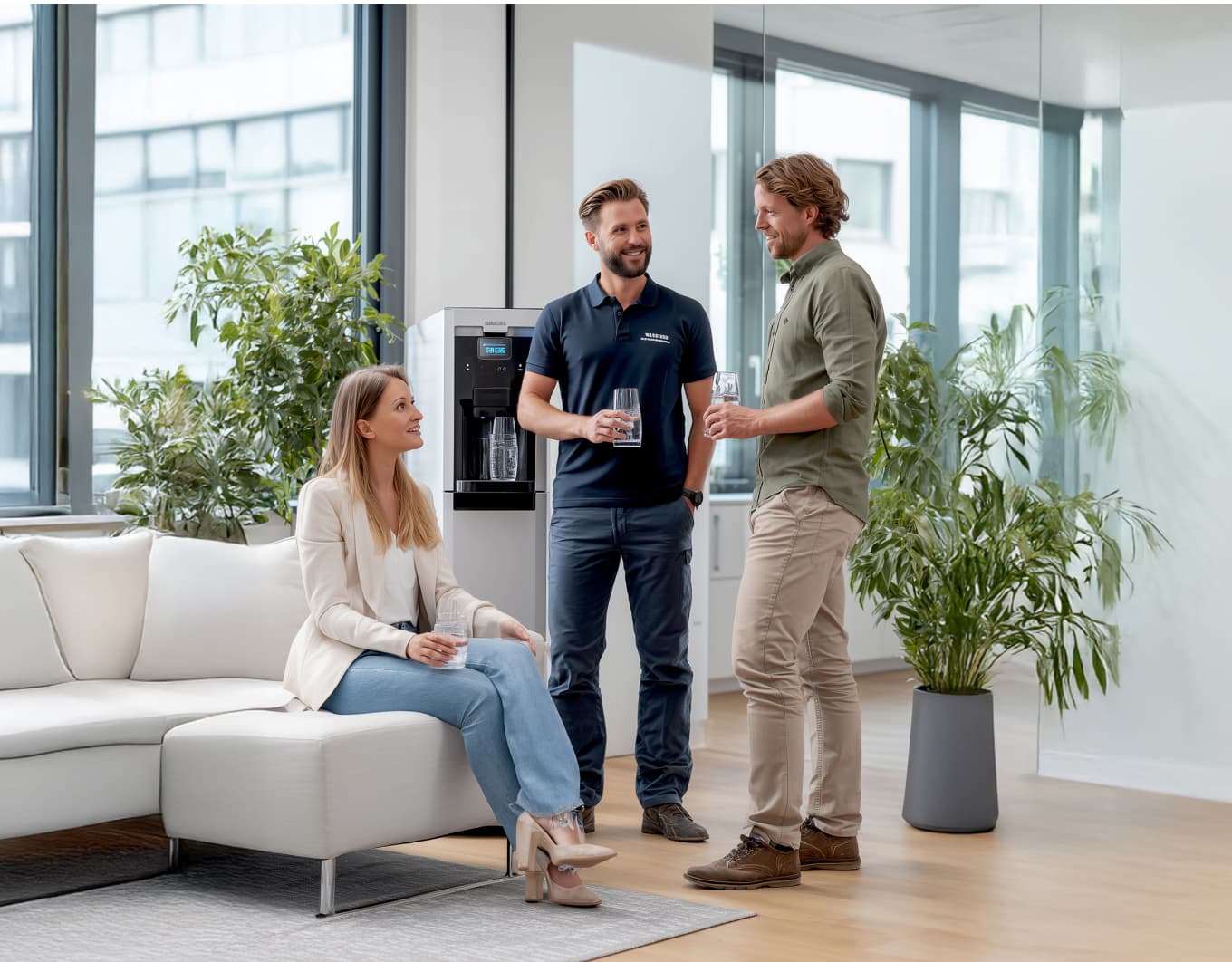 Helles Büro mit großen Fenstern, Pflanzen und heller Sofaecke. Drei Personen stehen bzw. sitzen neben einem freistehenden Wasserspender und halten Trinkgläser in der Hand. Holzfußboden und Glaswand schaffen ein freundliches, modernes Umfeld.