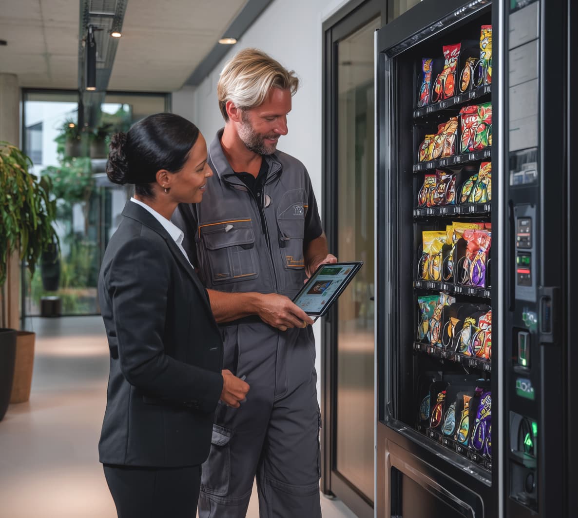 Ein moderner Warenautomat in einem hellen Büroflur, gefüllt mit bunten Snacks. Eine Mitarbeiterin im Business-Outfit und ein Techniker in Arbeitskleidung stehen davor und schauen gemeinsam auf ein Tablet, während sie den Automaten kontrollieren.