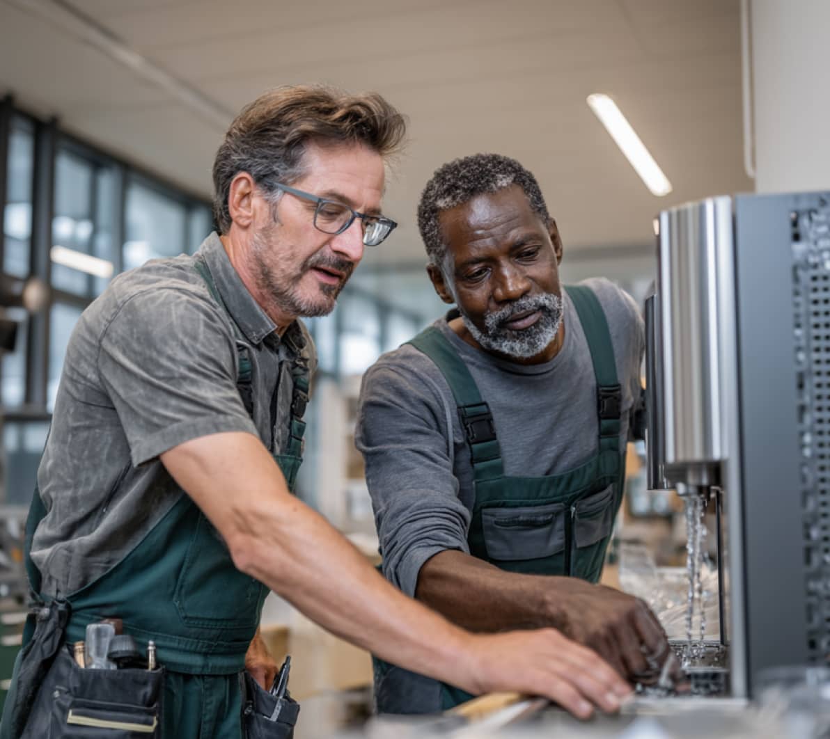Zwei Männer in Arbeitskleidung stehen nebeneinander an einer Werkbank und inspizieren ein metallisches Gerät. Beide tragen grüne Latzhosen, Werkzeuge sind sichtbar, und im Hintergrund ist eine helle Werkhalle mit großen Fenstern zu sehen.