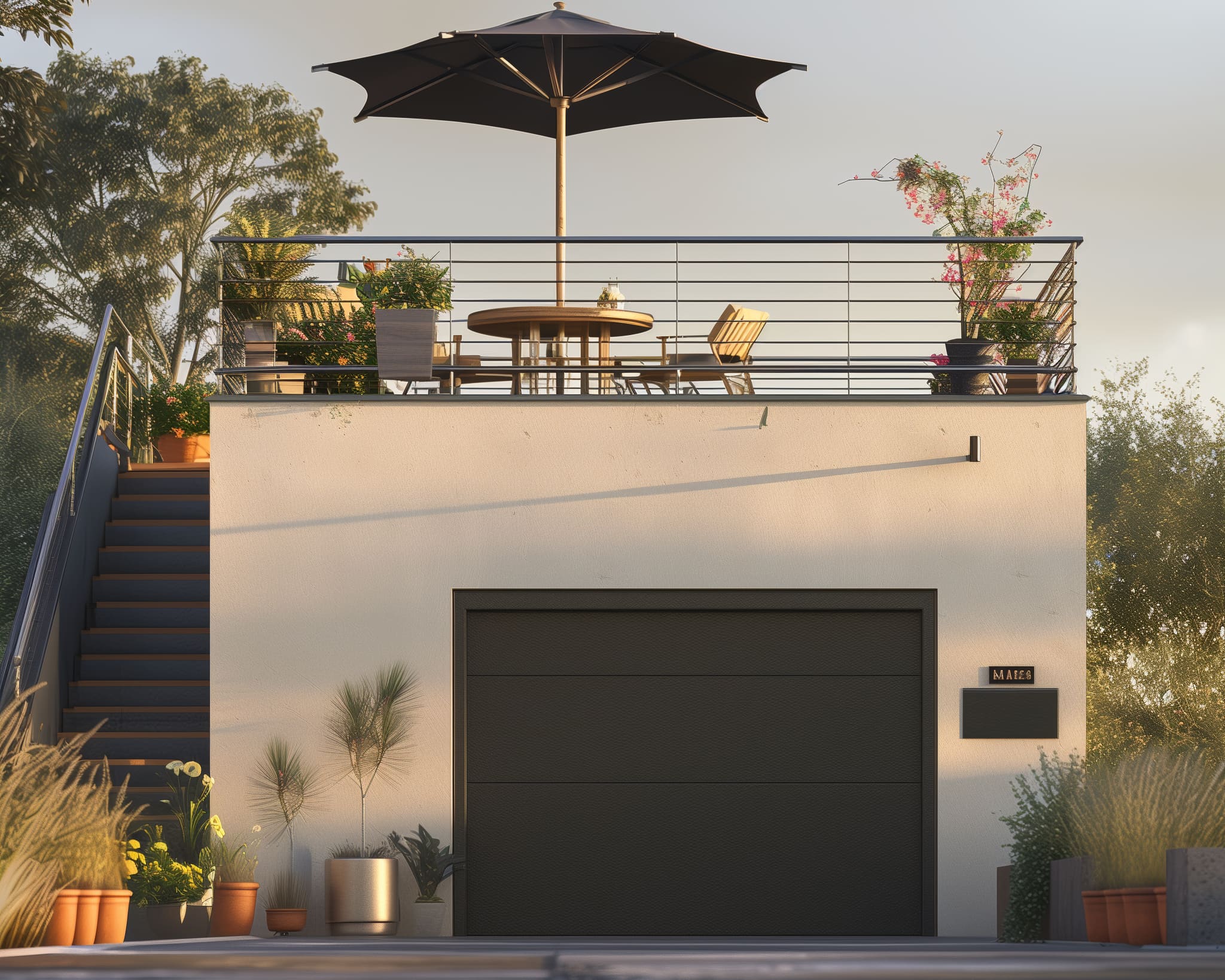 Fertiggarage mit Dachterrasse und Zugang über Außentreppe.