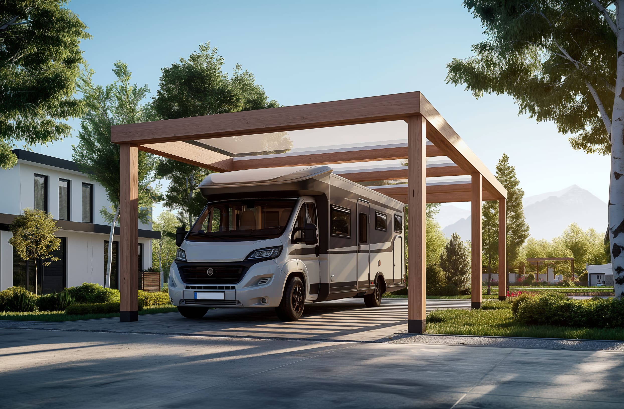 Ein Wohnmobil steht unter einem Carport aus Holz, das eine Acrylglas-Dacheindeckung hat.