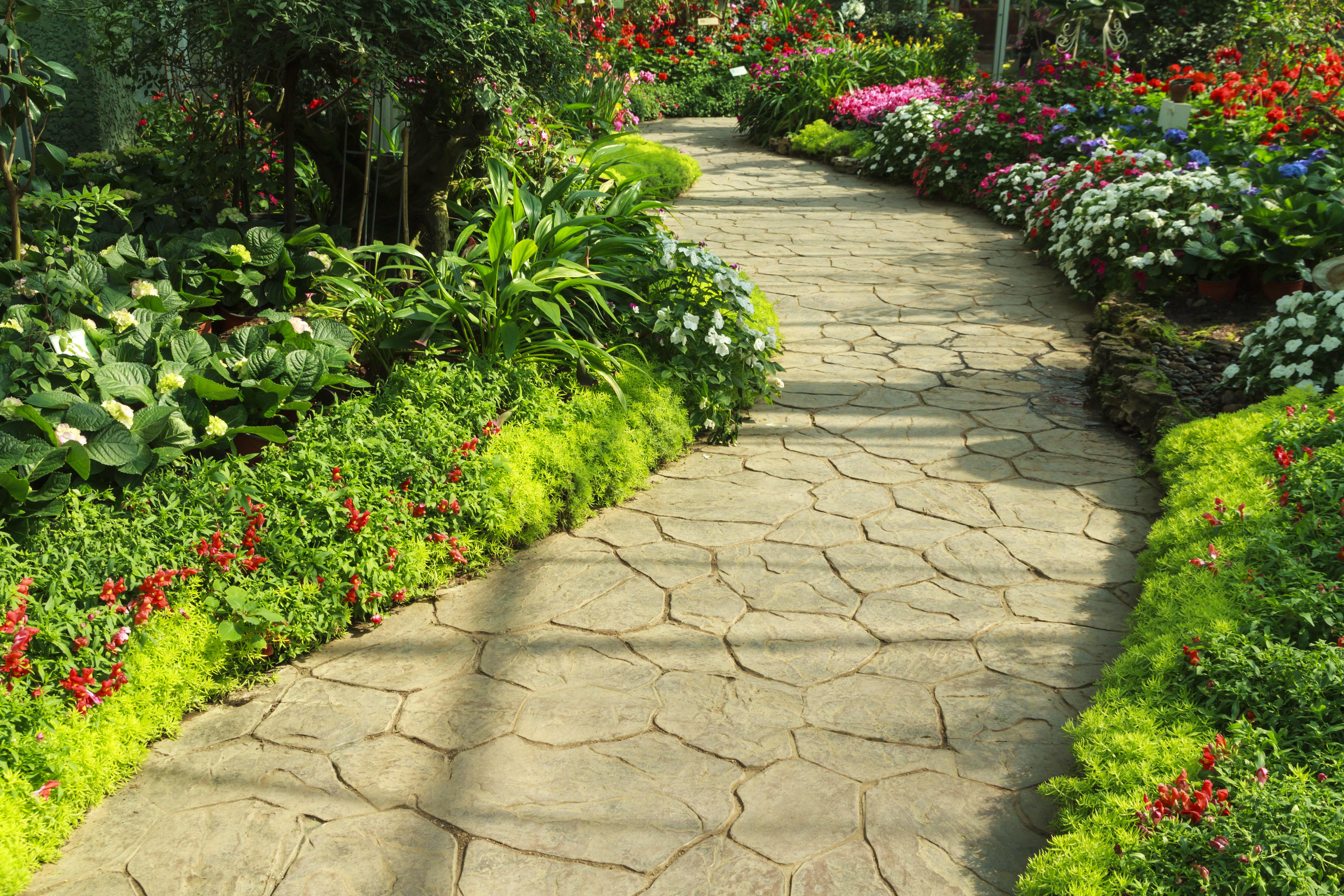 Bild eines Gartenweges mit Beeten seitlich angelegt.