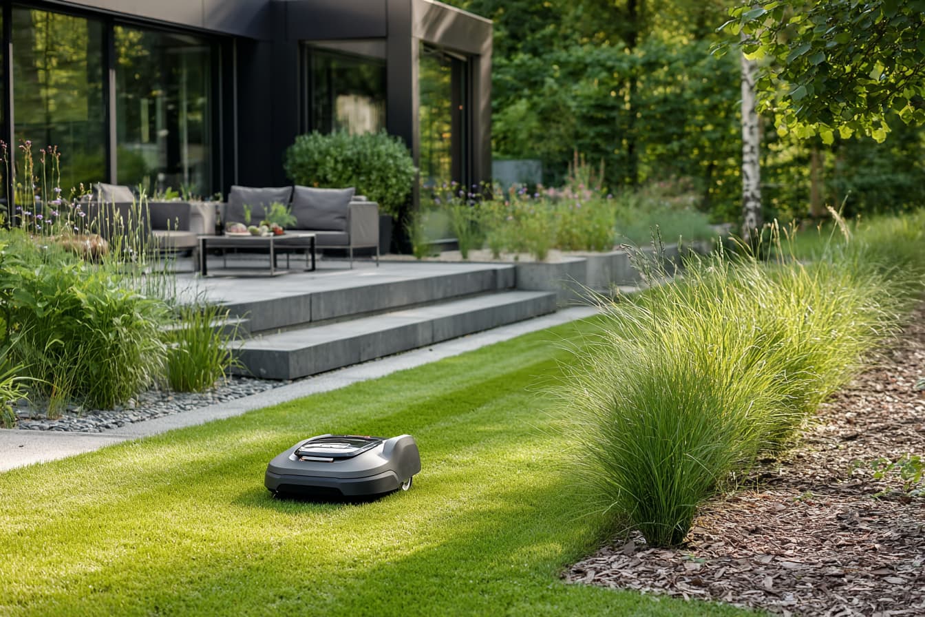 Garten mit einem Rasenmähroboter und einer Terrasse im Hintergrund.