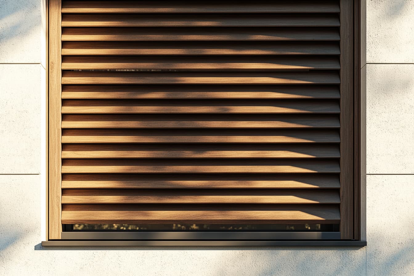 Holzrollladen vor einem Fenster an einem Haus.