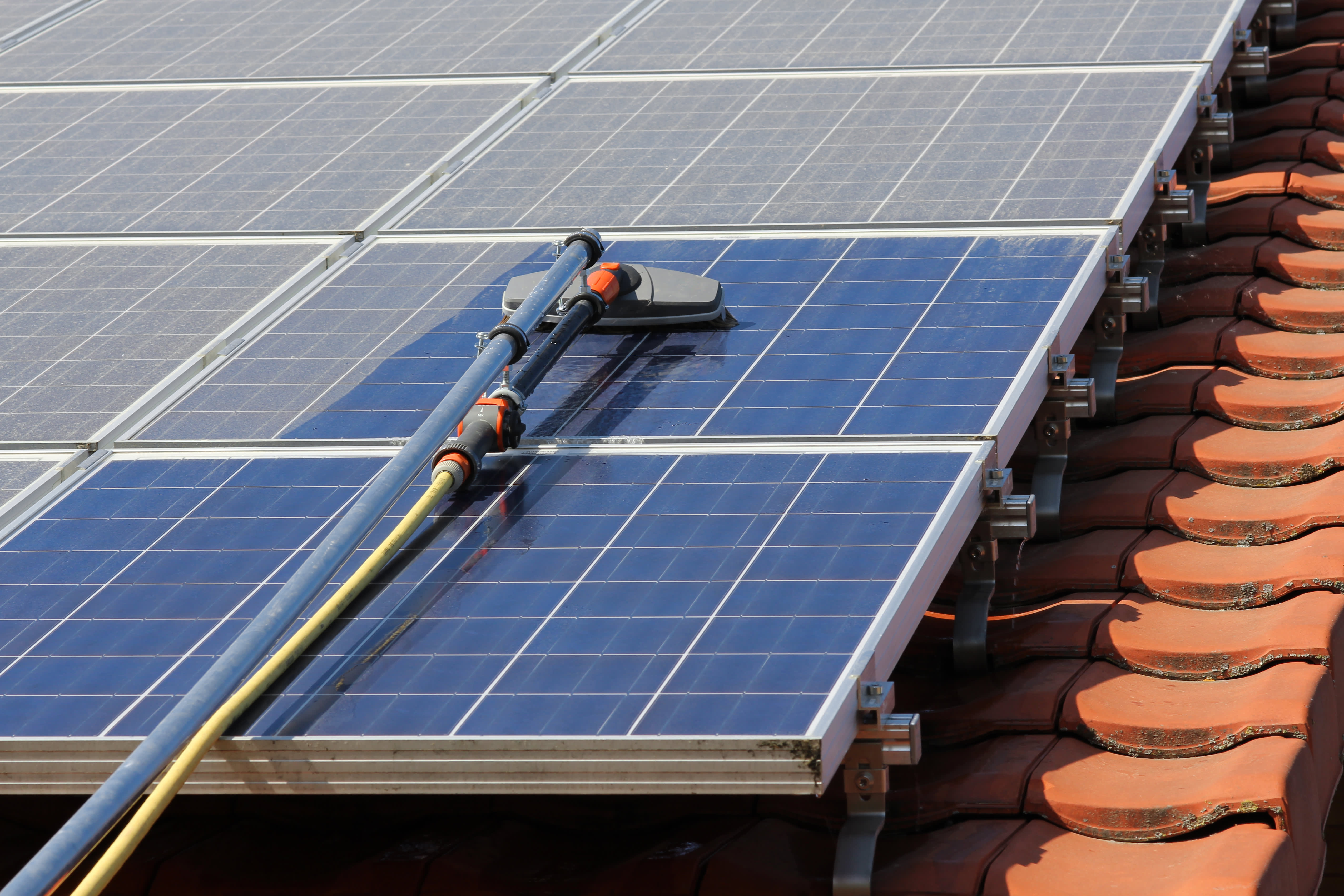 Solarmodule werden mit einer Teleskopstange und Bürste gereinigt.