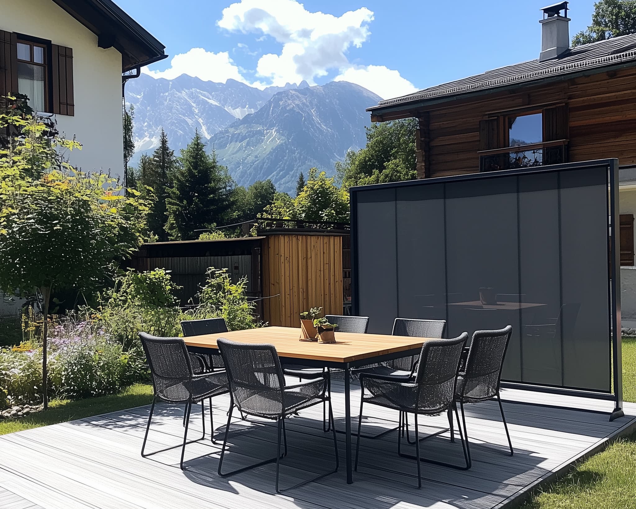 Sonnige Terrasse mit freistehendem Sichtschutz (outdoor)