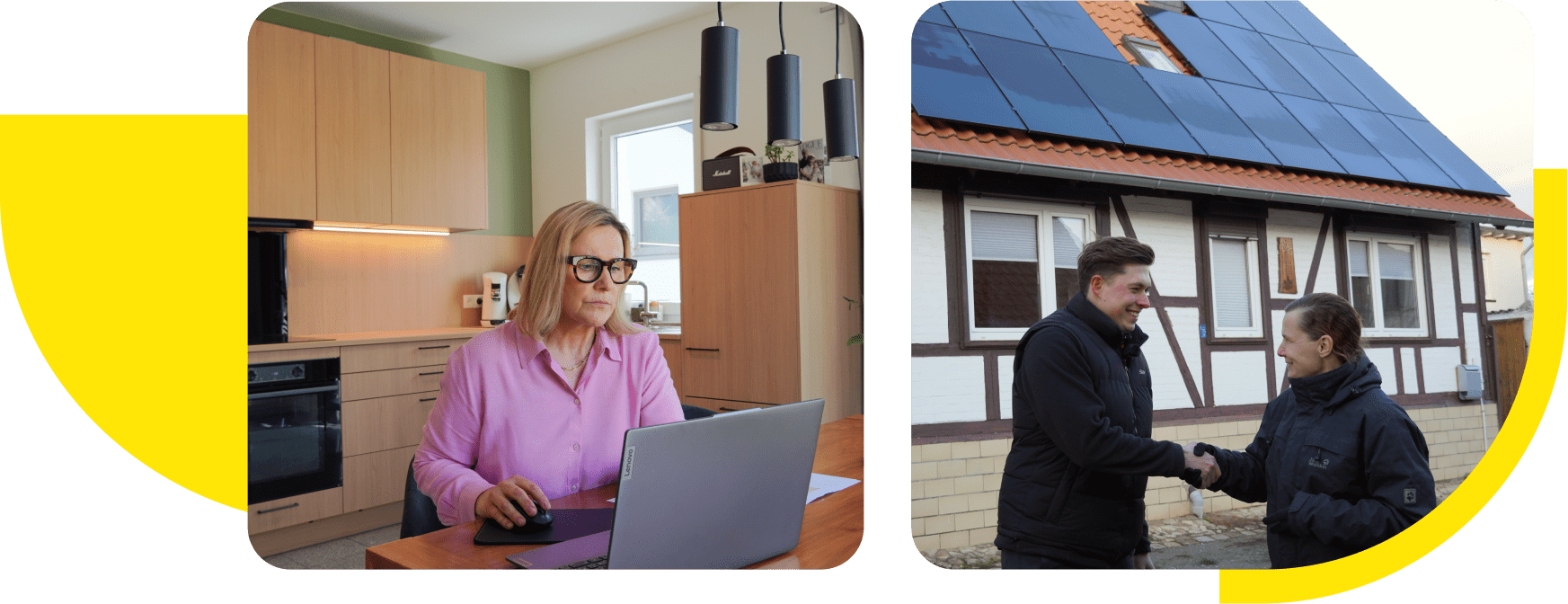 Collage mit zwei Bildern, die verschiedene Erfahrungen mit Aroundhome zeigen: Eine Frau arbeitet am Laptop in einer modernen Küche, zwei Personen geben sich die Hand vor einem Haus mit Solaranlage auf dem Dach.