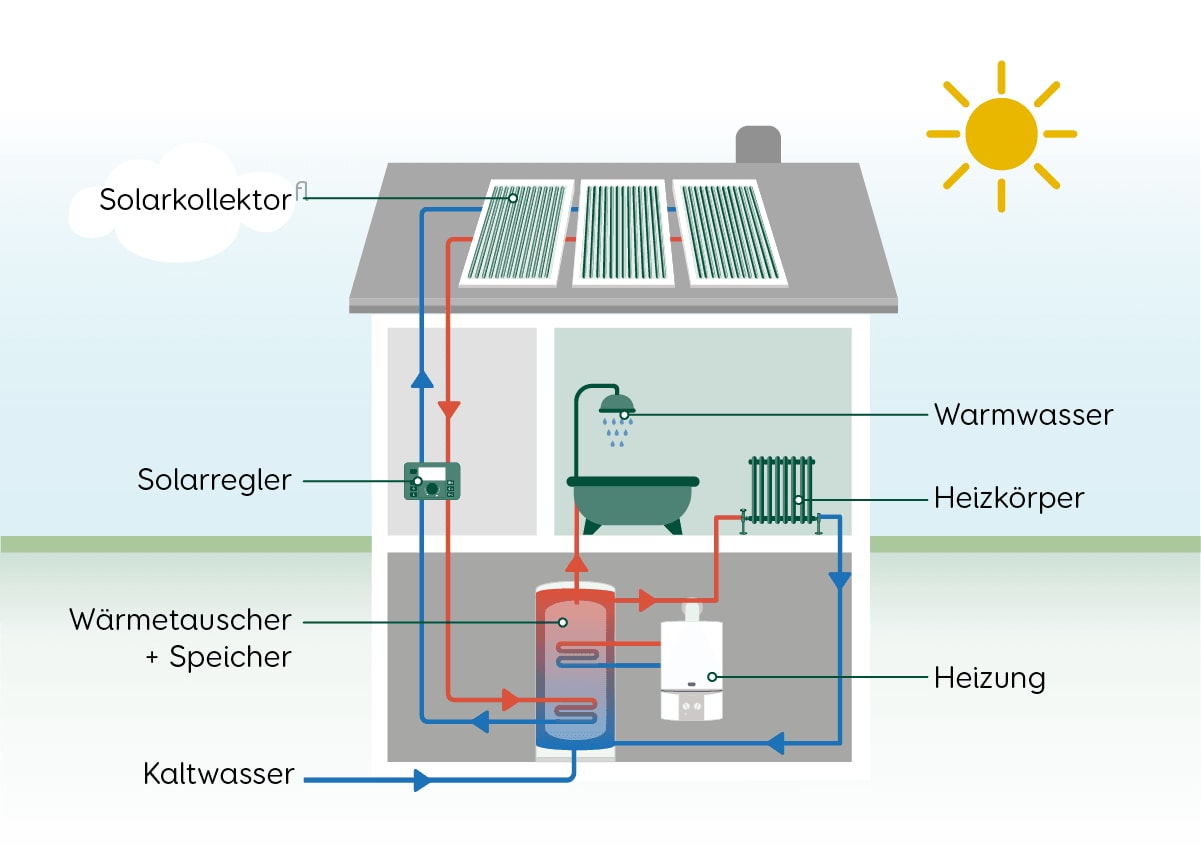 Grafische Darstellung zur Funktion einer Solarthermie Anlage in einem Haus mit Kollektoren, Wärmetauscher und Heizung