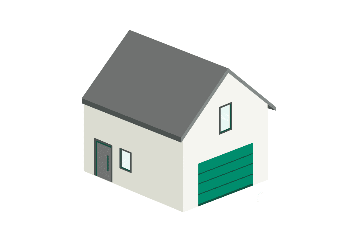 Ein Wohnhaus mit einer integrierten Garage im Erdgeschoss