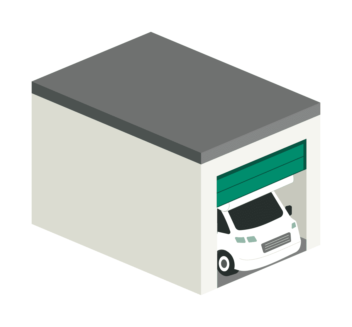 Stilisierte Caravan-Garage mit offenem Sektionaltor und Wohnmobil