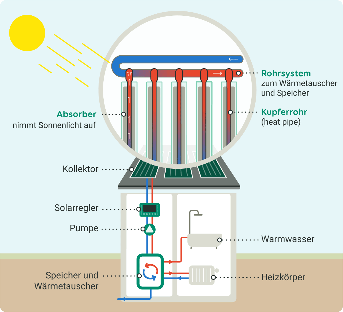 Grafische Darstellung der Funktionsweise von Röhrenkollektoren für Solarthermie