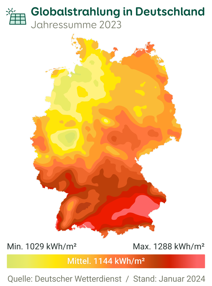 Globalstrahlung von Deutschland 2023 grafisch auf einer Landkarte dargestellt