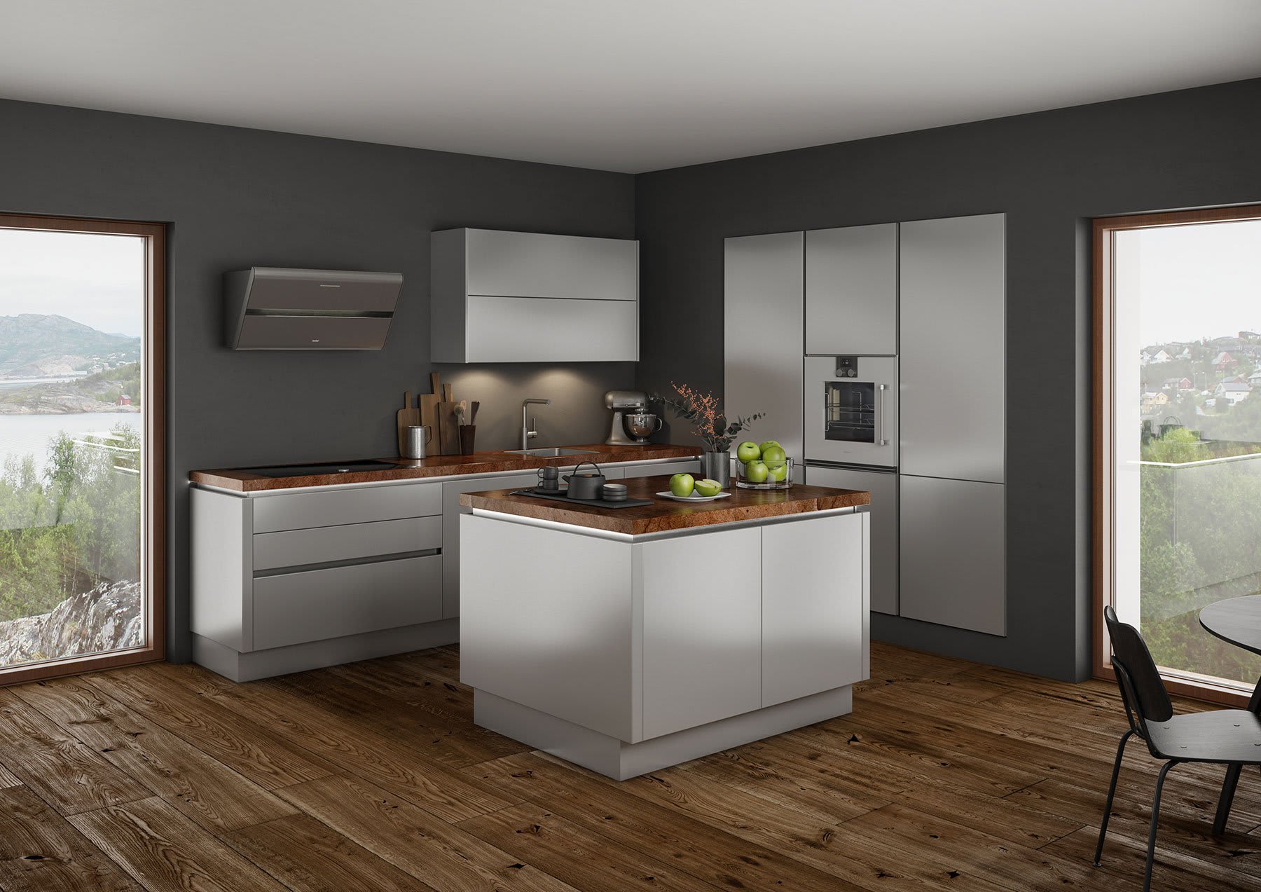 moderne grifflose Küche in weiß mit Kücheninsel und dunkler Holzarbeisplatte